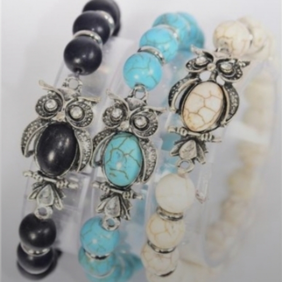 Owl Bracelet White Beaded 10 mm Semiprecious Stone Adjustable NEW - Picture 4 of 7